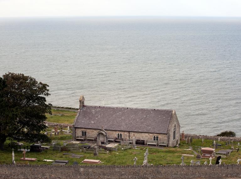 St Tudno's Church from above, looking out to sea.