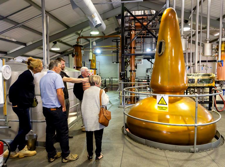 A group of visitors on a Penderyn Distillery tour with a guide looking at the yellow gold vats.