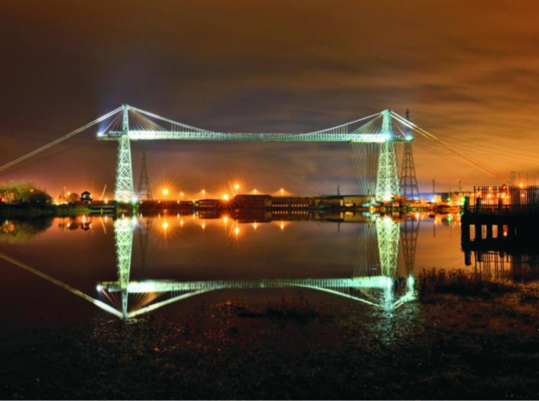 transporter bridge light up at night 