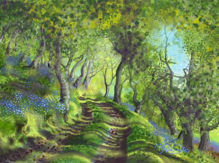 A painting of a bluebell wood.