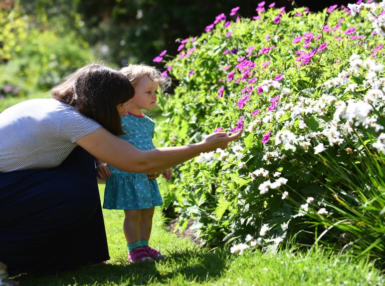 woman and girl looking at flowers.