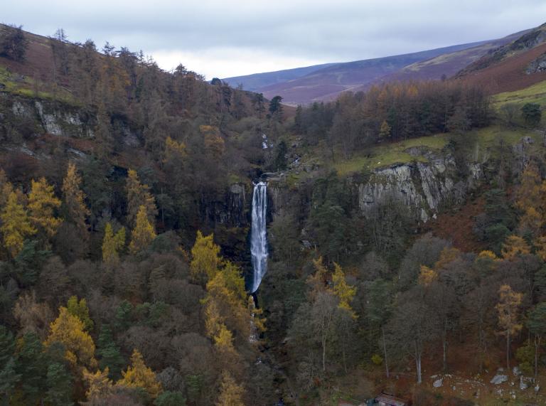 A high waterfall from above surrounded by autumn coloured trees.