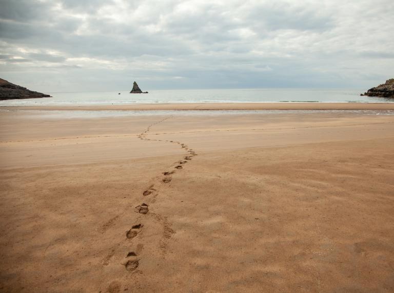 Footprints in the sand at Stackpole