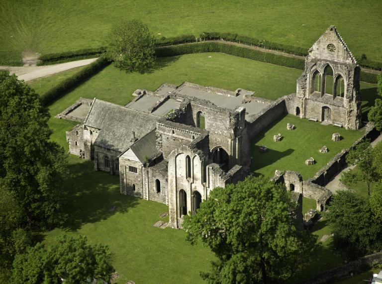 A semi-ruined abbey from above.