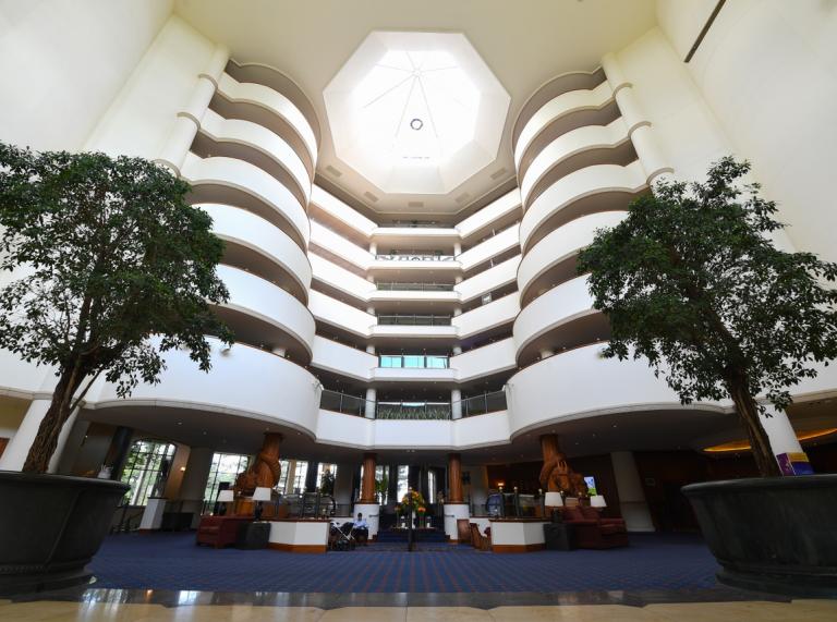 A large atrium in a hotel with a glass sunlit roof and trees.