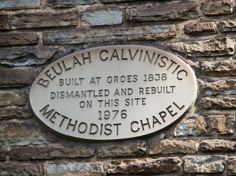 Beulah Calvinistic Methodist Chapel sign on a brick wall