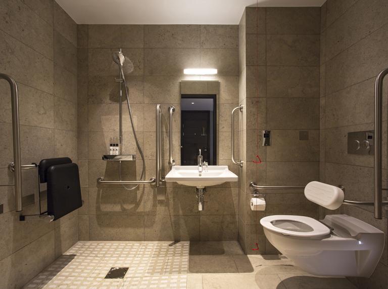 Interior of accessible bathroom including wet room and support rails