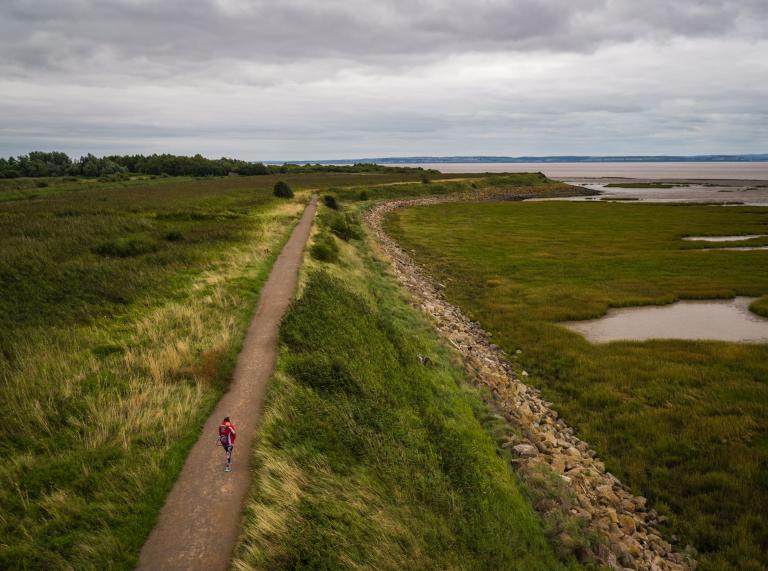 aerial view of wetlands and coast, with man walking along pathway.