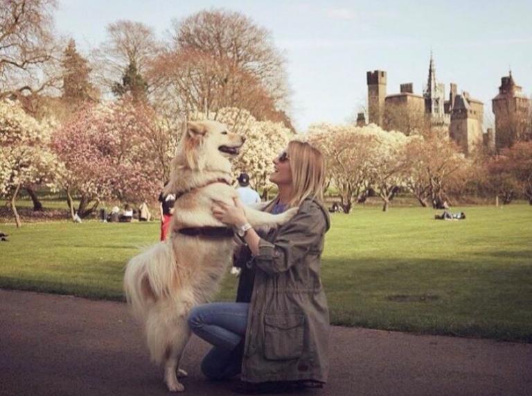 A big, white furry dog and her owner in a park.