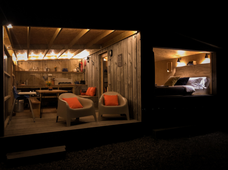 interior of cabin at night.