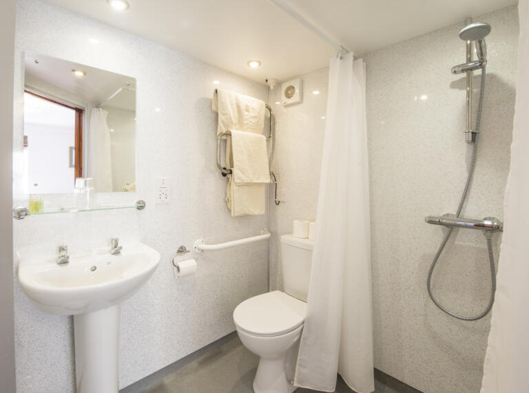 An accessible wetroom with grabrails, toilet, basin and shower.