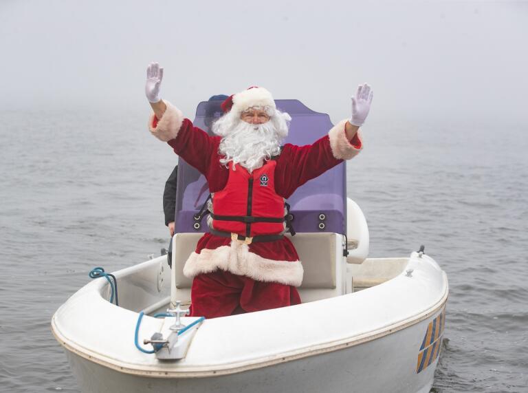 Santa on a speedboat on Llandegfedd lake.
