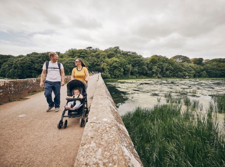 A couple and a child in a pushchair on a walkway next to a lake full of lilies. 