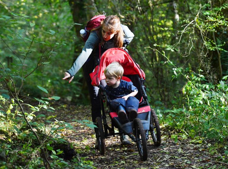 A parent pushing a child in a pushchair on a woodland path. 