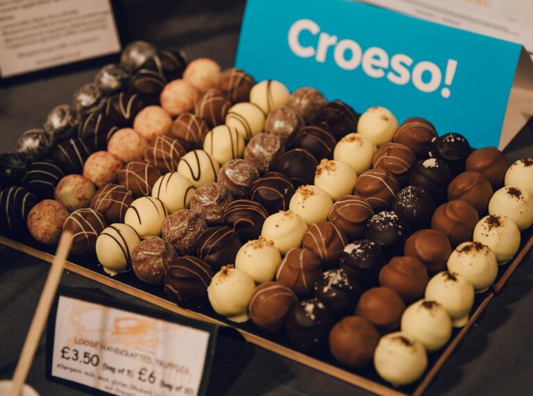 selection of chocolates and sign 'Croeso!'.