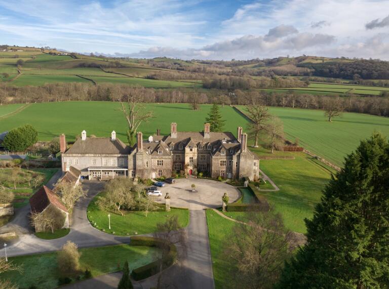 aerial view of country hotel.