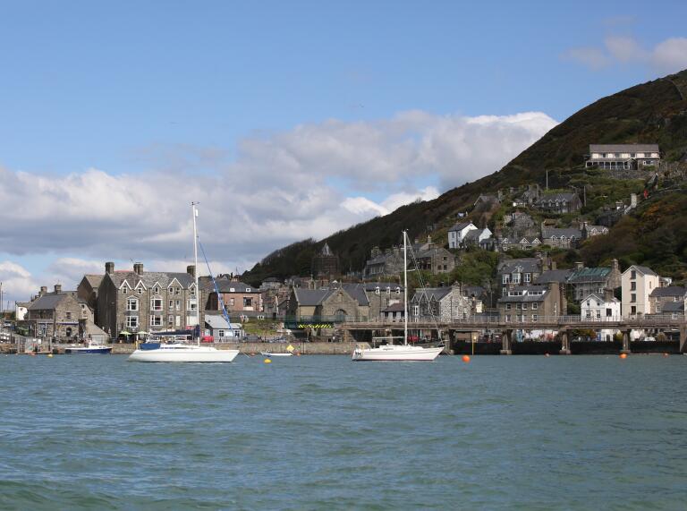 Barmouth harbour viewed from the sea.