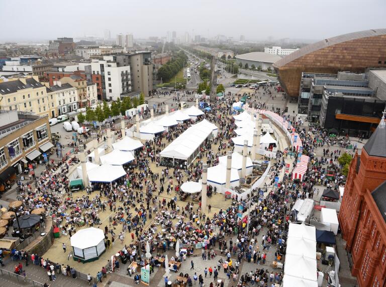 aerial view of a busy food festival.