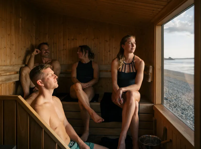 group of people in sauna with window showing beach.