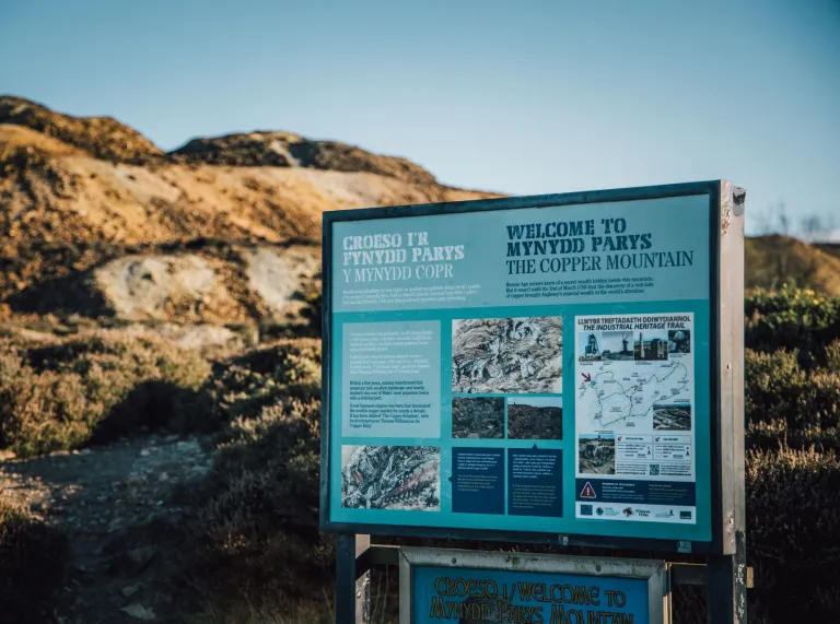 Info board welcoming visitors to Mynydd Parys / Parys Mountain copper mine.