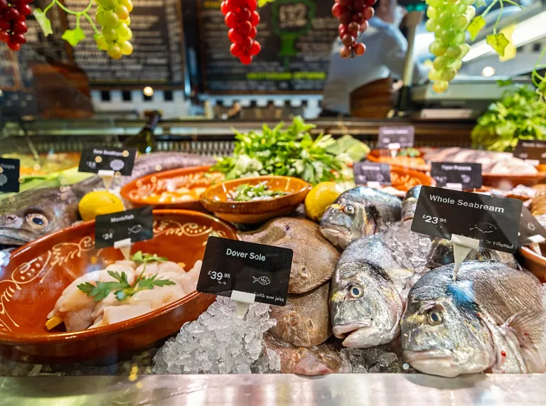 Fresh fish and seafood displayed on ice at a market counter with price labels.