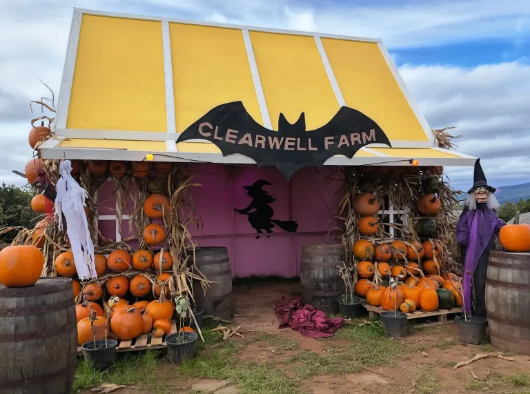 Halloween pumpkin display at Clearwell Farm with pumpkins, a witch and bat decorations.