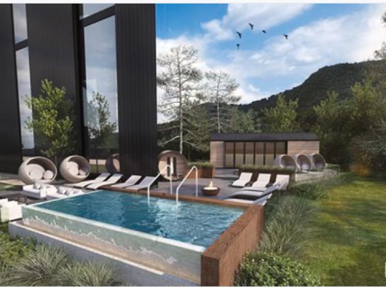 An outdoor spa with lounders and egg chairs surrounded by trees and mountains.