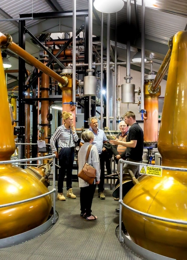 A group of people taking a tour of a distillery, next to two golden vats.