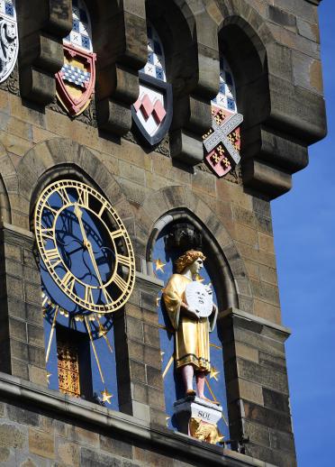 A view of the clock on the tower at Cardiff Castle