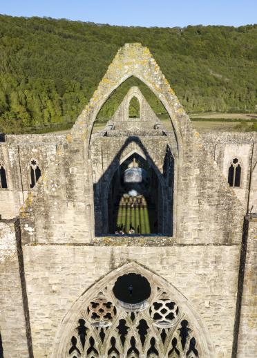 aerial close up of abbey ruins.