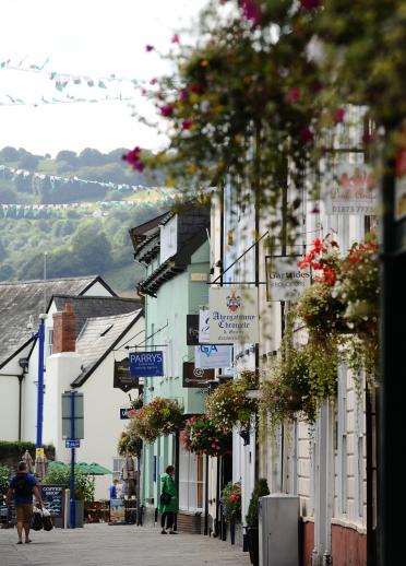 View of signs down Abergavenny town centre.