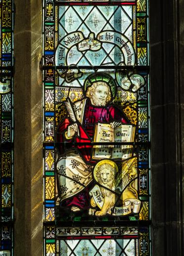 Stained glass window in St Davids Cathedral.