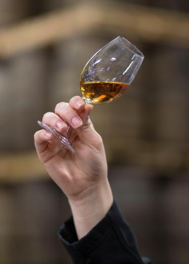 A hand holding a small glass of whisky in the air at the Penderyn distillery.