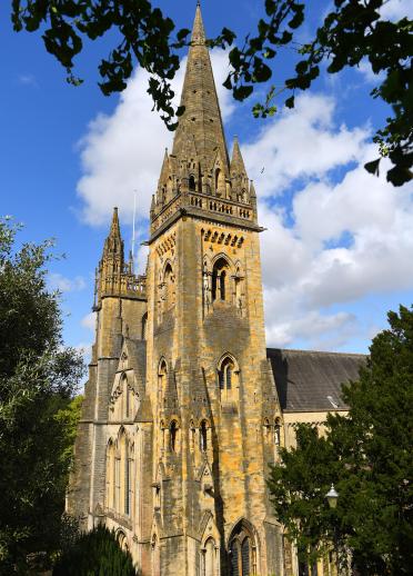 Portrait image of the outside of Llandaff Cathedral