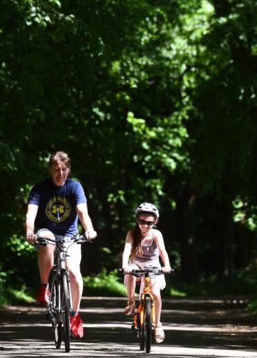 adults and cild riding pedal bikes along a path with green leafed tress either side and behind them.