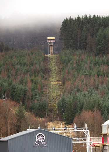 A four line zipwire down a wooded hillside.