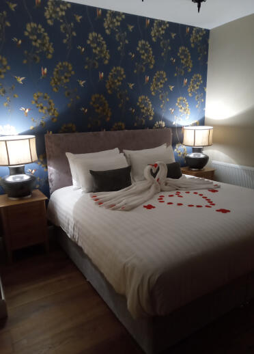 A hotel bedroom with patterned blue walls and a bed with rose petals in a heart shape on the duvet.
