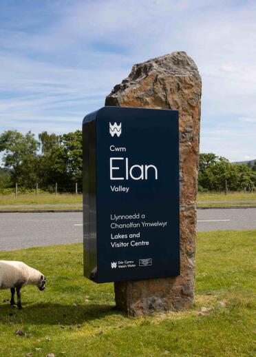 Ein Schild des Elan Valley an einem Felsen auf grüner Wiese und mit einem Schaf.