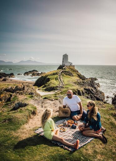 family picnic with lighthouse in background.