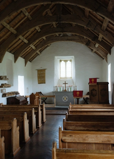 Stained glass windows inside Brecon Cathedral.
