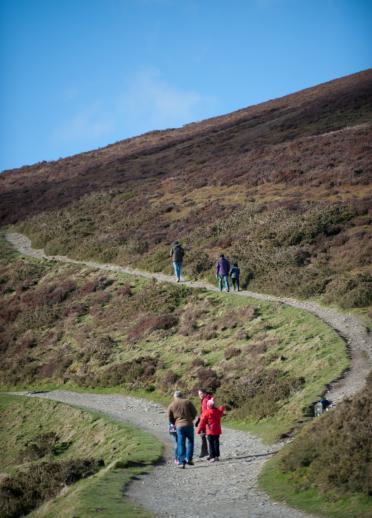 people walking up pathway on hill.