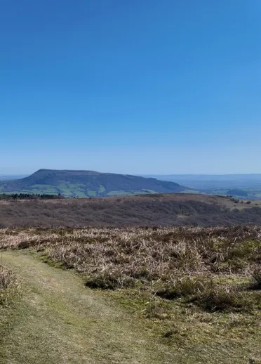 A grassy hillside with views towards other hills.