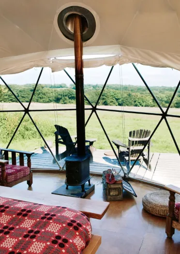 The interior of the Farm Dome at Fforest with views outside of the forest.
