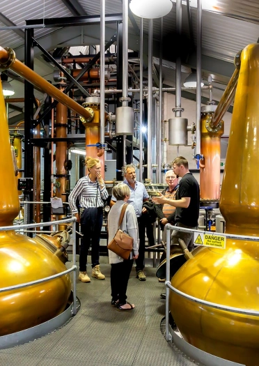 A group of people taking a tour of a distillery, next to two golden vats.