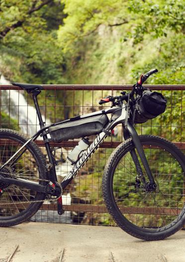 Image of a mountain bike leaning on a bridge