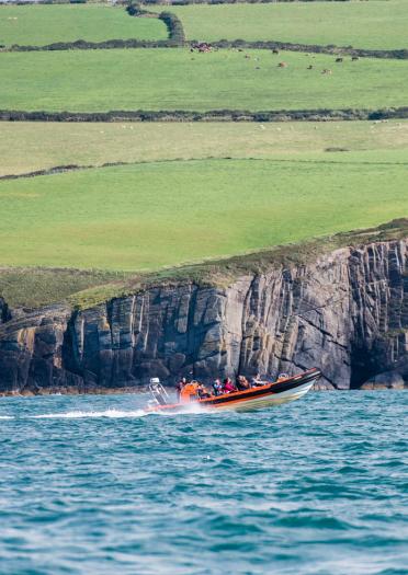 Power boat driving along coast line, dolphin spotting in Cardigan Bay