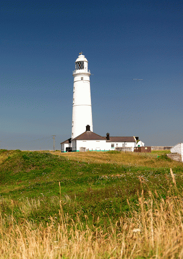 A white lighthouse on a cliff edged coastline.