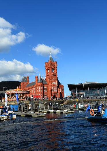 A waterside view of Cardiff's bay area.