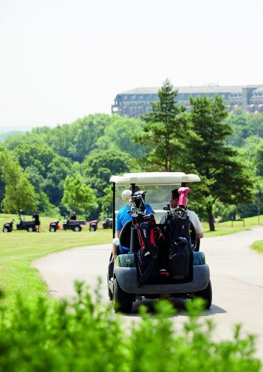 Men in a golf buggy on the course