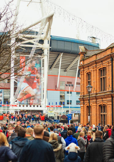 Rugby crowds in Cardiff near Principality Stadium.